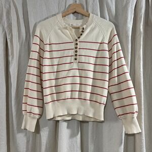 Polished Prints Cream Red Striped Cotton Henley Sweater Womens Small Raglan